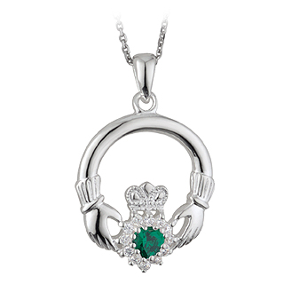 Silver Claddagh CZ Green Stone Pendant S44591