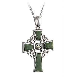 Silver Marcasite Connemara Marble Celtic Cross Pendant S44037